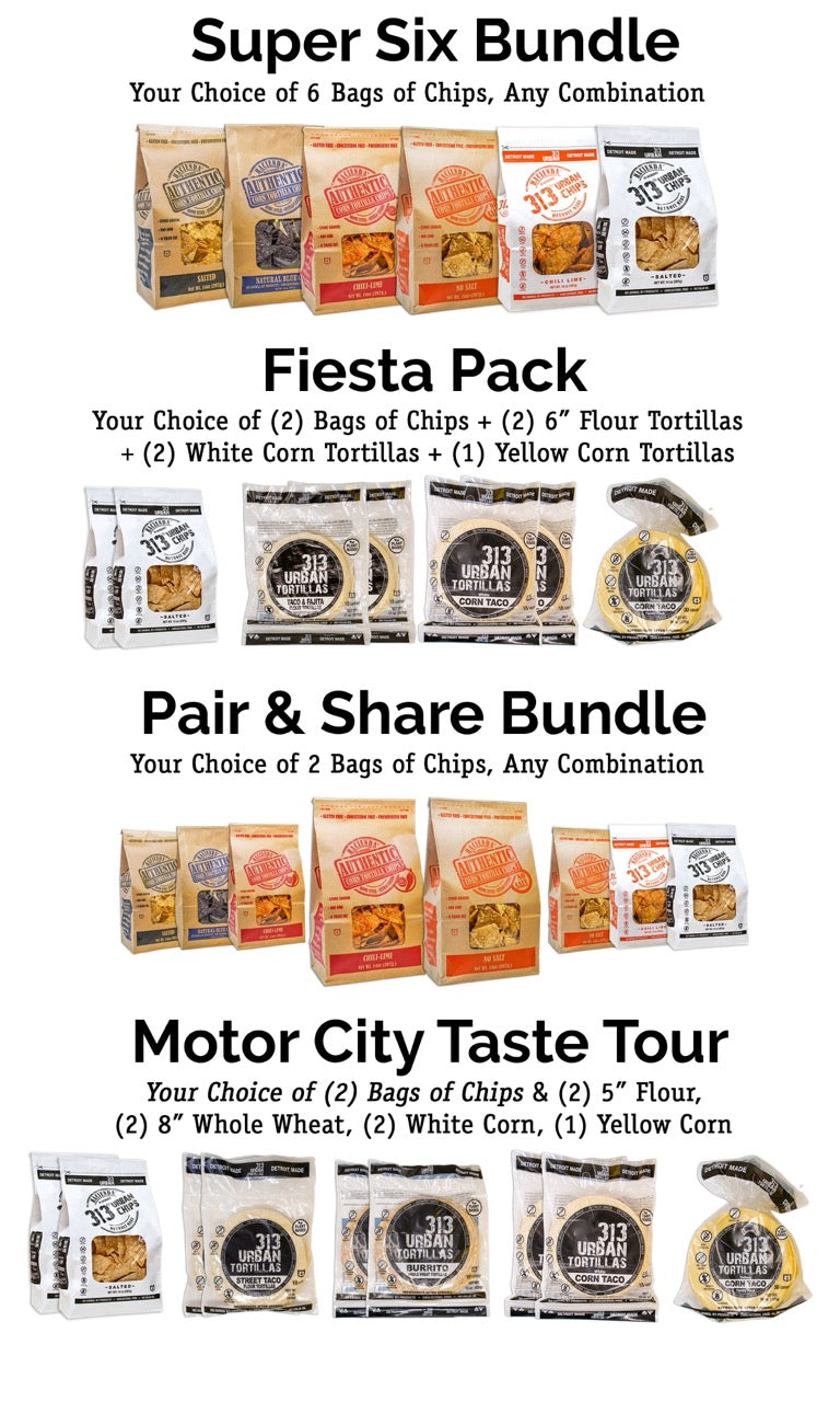 The image displays four product bundles: "Super Six Bundle" with six chip varieties, "Fiesta Pack" with chips and assorted tortillas, "Pair & Share Bundle" offering two chip choices, and "Motor City Taste Tour" with tortillas and chips. 