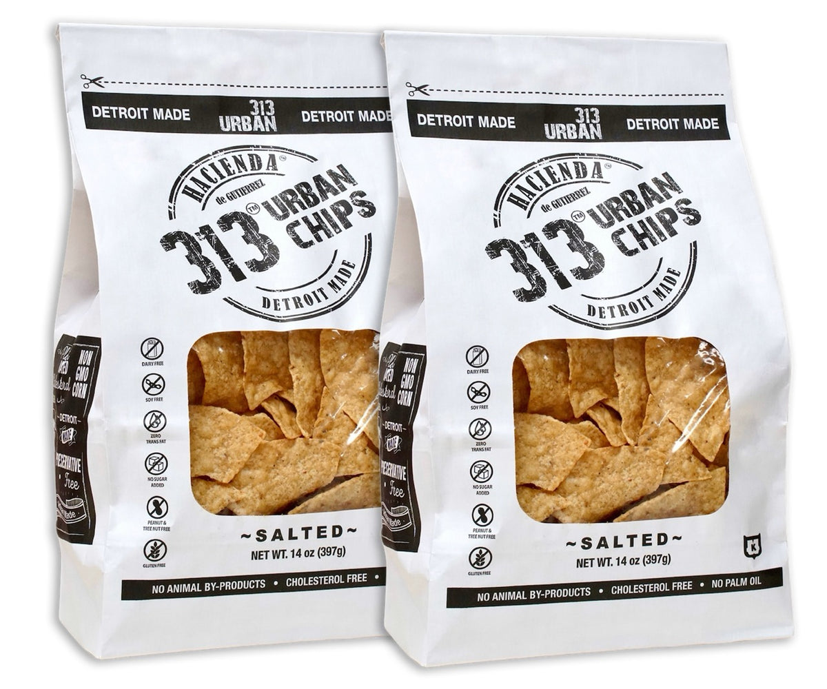 Two bags of 313 Urban Salted chips, each labeled clearly with &quot;313 Urban Chips&quot; and &quot;Detroit Made,&quot; showing the chips through the transparent window.